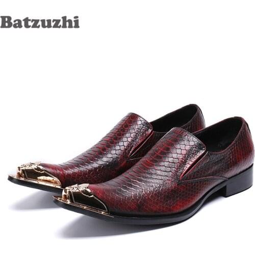 Batzuzhi 2018 Handmade Zapatos Hombre Mens Shoes Genuine Leather Business Dress Shoes Formal Metal Pointed Toe Wine Red, US12