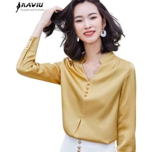 Yellow Shirt Women Long Sleeve Satin Autumn New Design Temperament V Neck Casual Chiffon Blouses Office Ladies Formal Work Tops