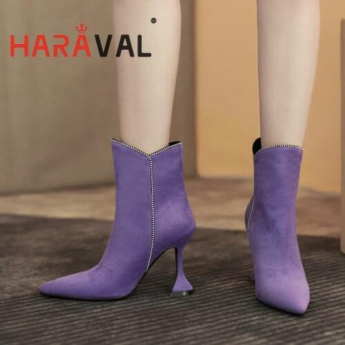 HARAVAL Women Ankle Boots HIgh Heels Pointed Toe Black Purple Blue Modern Boots Shoes Fashion Elegant Shoes Kid Suede E346L
