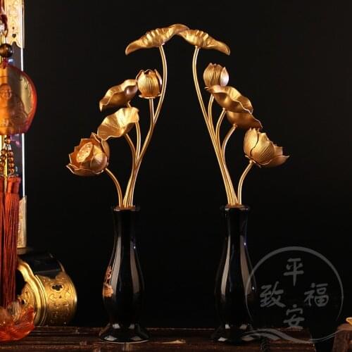 Buddhist supplies flower vase sacrificial vessel aluminum lotus flower offering 5 bunches Temple gilding buddha flower a pair