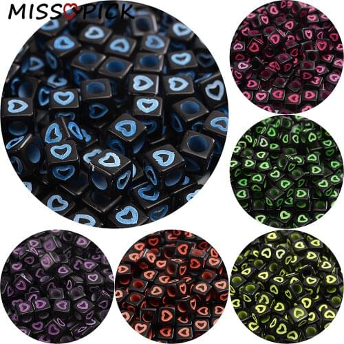 100pcs 7mm Acrylic Beads Square Flat Black Heart Loose Spacer Beads for Needlework Jewelry Making DIY Bracelet Accessories