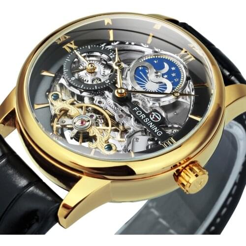 Forsining Royal Skeleton Watches for Men Tourbillon Watch Moon Phase Clock Luxury Leather Strap Sub-Dial Top Brand часы мужские
