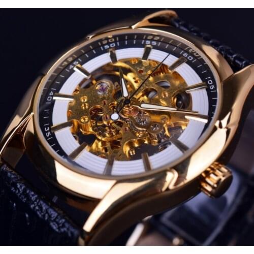 Winner Navigator Series Retro Golden Skeleton White Watch Automatic Men Leather Wristwatch Men Watch Automatic Luxury Top Brand