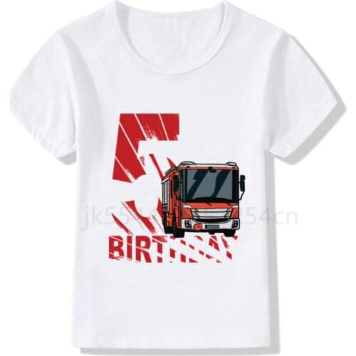 Kids Fireman Birthday Number 2-8 T-shirt Boys Fire Truck Shirt Boy Train Tees Toddler Boy Construction Truck Shirts