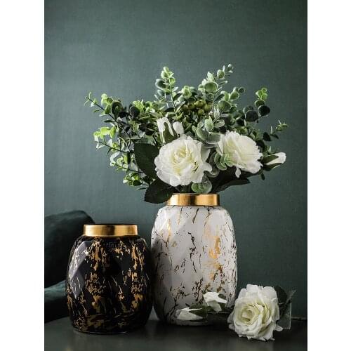 European Gilded Ceramic Vase Marble Pattern Countertop Living Room Furnishings Flower Arrangement Fresh Flowers Hydroponic Vase