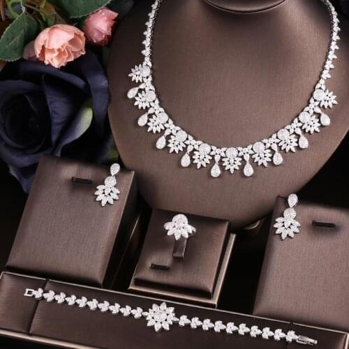 Janekelly 4pcs Bridal Zirconia Full Jewelry Sets For Women Party, Luxury Dubai Nigeria CZ Crystal Wedding Jewelry Sets