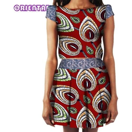 2 Pieces Set Summer Women African Clothes African Wax Print Crop Tops and Short Skirts Bazin Riche African Skirts Set WY7447