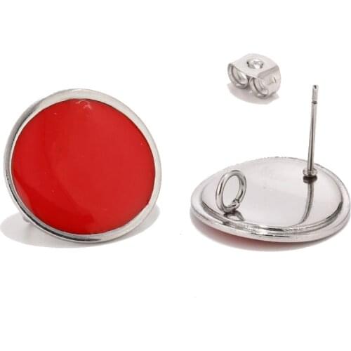 Red/Black Enamel Stainless Steel Round Earring Posts 18mm Curved Disk Post Earrings Pad with Open Ring Hypoallergenic