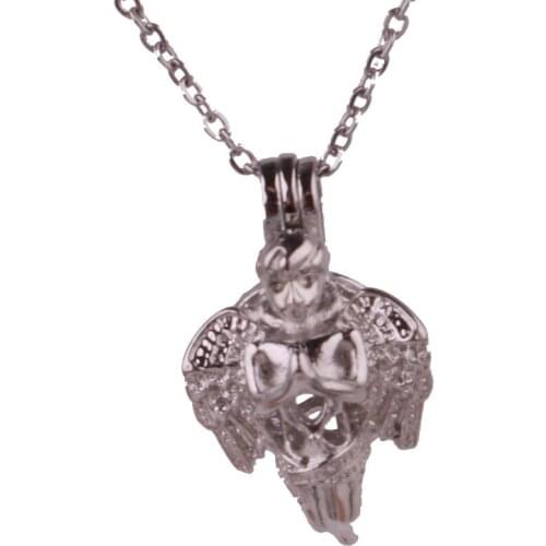 K1675 Dull Silver copper boy Angel wings Bead Pearl Cage Aroma Essential Oil Diffuser Locket Necklace with stainless steel chain