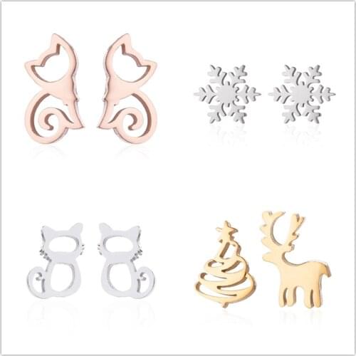 Oly2u Cute Rose Gold Cat Kitten Earings Fashion Jewelry Stainless Steel Snowflake Christmas Tiny Earrings for Women Children