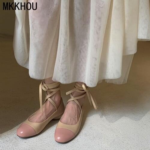 MKKHOU Fashion Single Shoes Womens New Soft Cowhide Round Toe Color Matching Low Heels Cross Lace Ballet Shoes Light Shoes