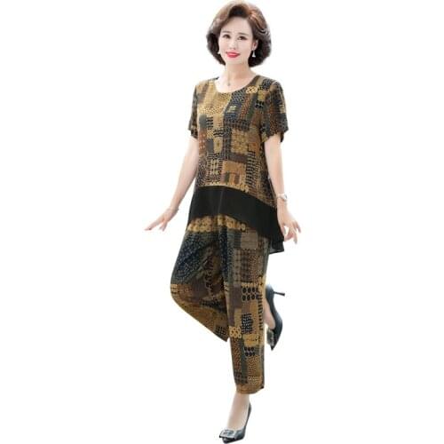 2021 Middle-aged Moother Sets Summer Floarl Short Sleeve T-shirt & Wide Leg Pants 2 Pcs Pants Suits Mom Elegant Suit Wear