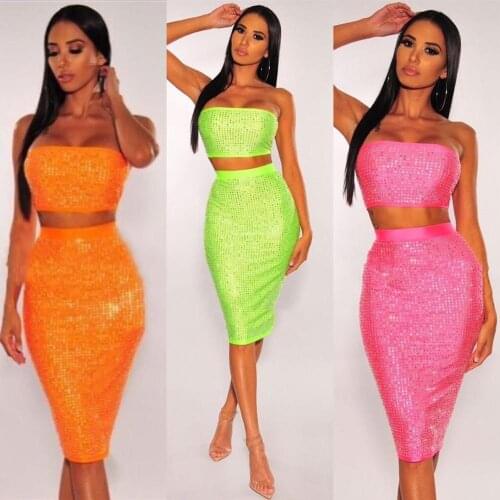 New Arrival Women Set Sleeveless Strapless Diamonds With Skirt Two Pieces Set Sexy Female Party Set