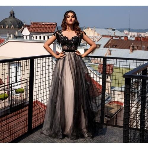 Charming 2021 Latest Black Prom Party Dresses Cap Sleeves Illusion Jewel Neck Appliqued Wedding Party Gowns Back Out On Sale