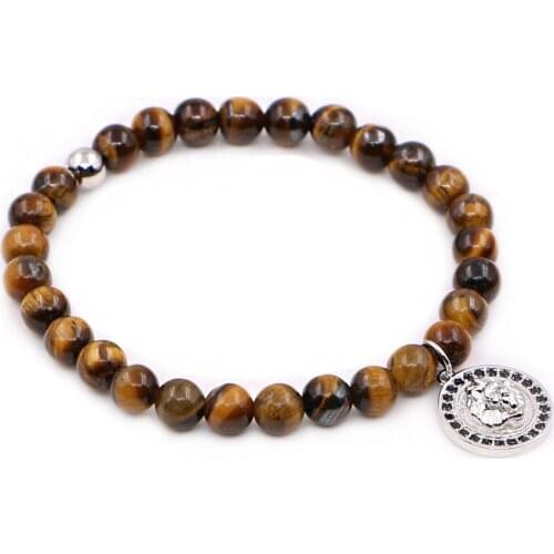 Nature Stone 6mm Tiger Eye Beads Lion Charm Pendant handmade Bracelet fit Man Women Best Friend Gift