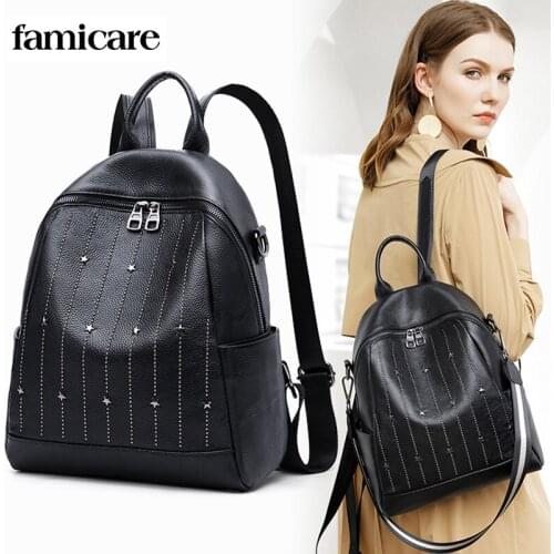 Womens Genuine Leather Backpack Fashion Rivet Star Decoration Handbag Students Girls Waterproof Travel Back Pack For School