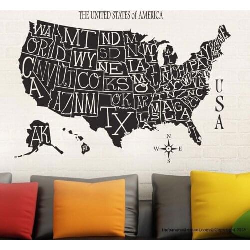 United States map states abbreviation letter wall stickers home decor living room bedroom vinyl art decal wallpaper DT07