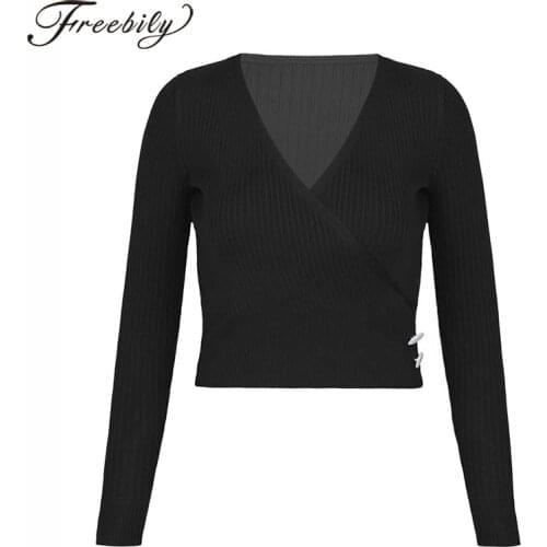 Women Cross V Neck Sweater Elegant Ladies Winter Long Sleeve Ballet Classical Dance Knit Crop Tops Solid Button Short Pullovers