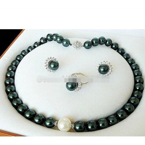 DARK GREEN SOUTH SEA SHELL PEARL LUXURY NECKLACE RING AND EARRING SET