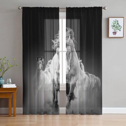 Animal Horse Running Black Window Treatment Tulle Modern Sheer Curtains for Kitchen Living Room the Bedroom Curtains Decoration