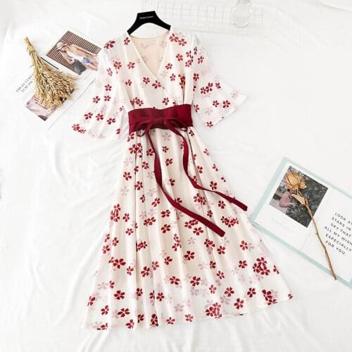 Womens casual short-sleeved chiffon dress elegant retro floral print shirt dress bow summer dress