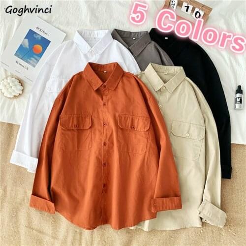 Women Shirts Colorful Turn-down Collar Solid Casual Cargo Style Students Retro Womens Pockets Ulzzang Streetwear All-match Chic
