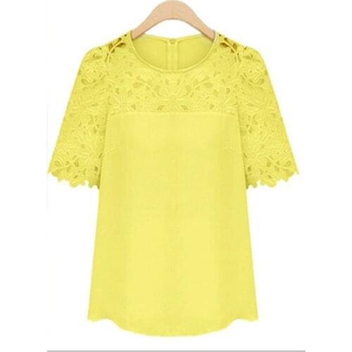 2020 Spring New Fashion Casual Lace Stitching Ladies Top Slim Wild Sexy Hollow Solid Color Round Neck Short Sleeve Chiffon Shirt