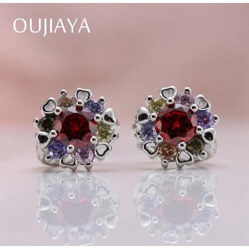 OUJIAYA Love form Round Natural Zircon Dangle Earrings Women Crystal Red earrings Drop Wedding Birthday party Gift Jewelry A13