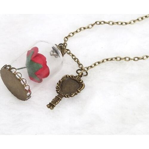 Women Romantic Dried Flowers Glass Bronze Long Chain Beauty and Beast Necklaces
