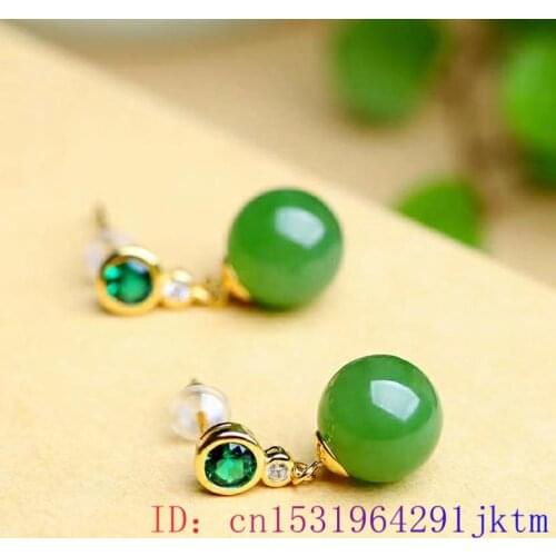 Green Jade Bead Ear Studs Zircon Gemstone Amulet Women Gifts Fashion Crystal Jewelry Chalcedony 925 Silver Earrings Natural