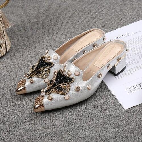 Womens Rhinestones Pearls Fox Decor Backless Slipper Mule Slide Princetown Shoes Metal Toe Block Heel Summer Black Sliver