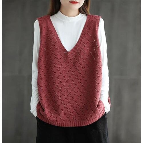 2021 Women Sweater Spring Autumn Vest vintage Sleeveless V-neck Knitted Vests Female Large size Loose Vest