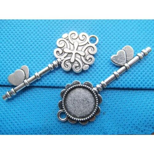10pcs Antique Silver tone/Antique Bronze Filigree Heart Key Pendant Charm,Round Base Setting Tray,Fit 14mm Cabochon/Cameo