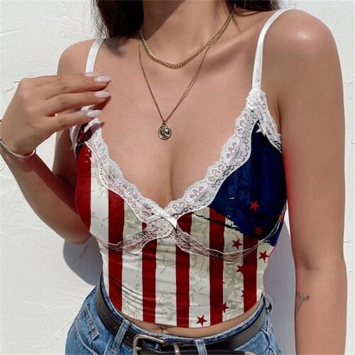 Independence Day Women Sleeveless Vest Camis Printed Lace Patchwork Racerback Casual Spaghetti Strap Sleeveless Tank Tops