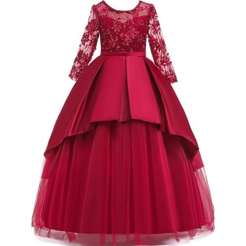 2020 Girls Long Dresses Tulle Gig Girls Red Pink Lace Flower for Weddings Party First Communion Kids Child Clothing