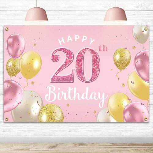 Happy 20th Birthday Party Photography Backdrop Banner Decorations Supplies For Women-Pink Background
