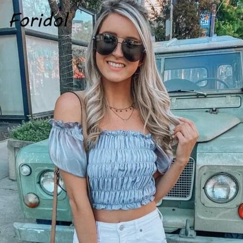 Foridol Tulle Sleeve Blouse Tops Off Shoulder Blue Crop Tops Transparent Slim Tube Tops Casual Cute Summer Boho Beach Tops 2021