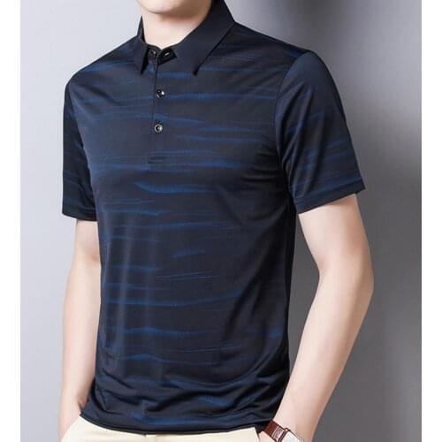 T-shirt Turn Down Collar Striped Summer Men Short Sleeve Thin Shirt Top for Work Vintage Polo-Shirt Blue Denim Shirt Breathable