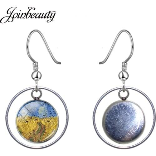 JOINBEAUTY Van Gogh Art Oil Painting Picture Hollow Out Pendant Earrings Round Glass Dangle Ear Accessories Classic Jewelry ZZ80