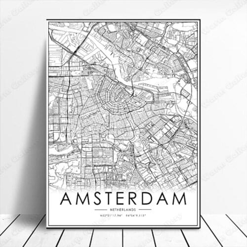 Grey Black White Picture for Living Room Home Decor Amsterdam Map Posters and Prints Watercolor Map Travel Wall Art Canvas