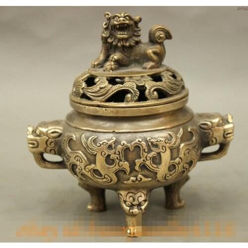 FengShui Chinese Copper Lion Head Dragon Statue Bronze Incense Burner Censer