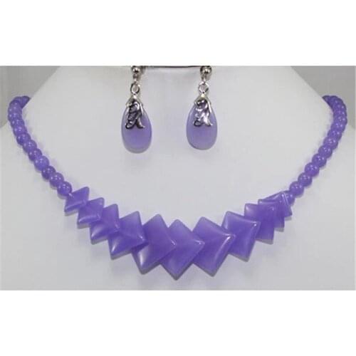 New Wholesale Unique 18" Green Purple Red Natural Stone Square Shape Necklace Stud Earrings Jewelry Set For Women Party Evening