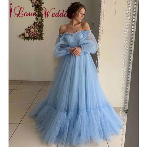 New Arrival 2020 Boat Neck Mesh Tulle Evening Dresses Custom made Long Balloon Sleeves A Line Pleat Blue Formal Evening Gown