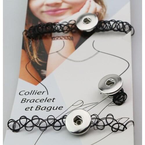 Wholesale 10sets Women Vintage Stretch Tattoo Choker Necklace Gothic Punk Elastic 18mm Snap Button Bracelet Ring Jewelry sets