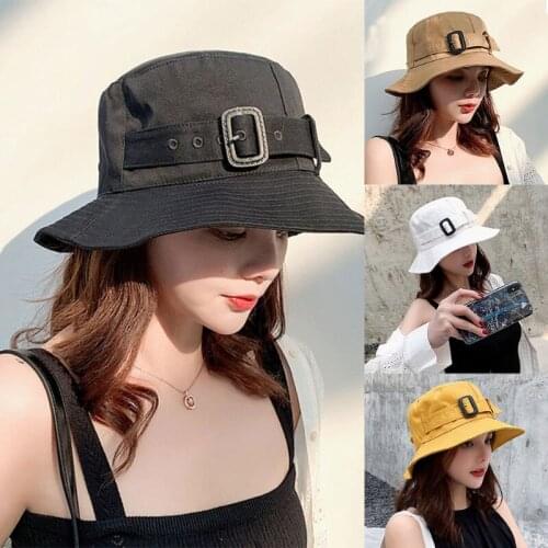 Korean Women Summer Solid Color Bucket Hat Elegant Buckle Belt Outdoor Sun Protection Wide Brim Beach Fisherman Cap