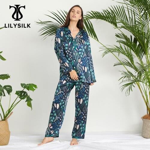 LilySilk 100 Silk Pajamas Set Pijama Women Sleepwear Plant Print Long NEW Luxury Natural Womens Clothing Free Shipping