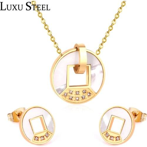 LUXUSTEEL Wedding Jewelry Sets Round Shell Pendant Necklace With Crystal Chic Style Geometry Necklace For Women/Girl Bijoux Gift