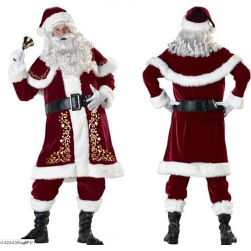 Xmas Santa Claus Suit Adult Christmas Cosplay Costume Red Deluxe Velvet Fancy 9pcs Set Xmas Party Man Costume S-XXL