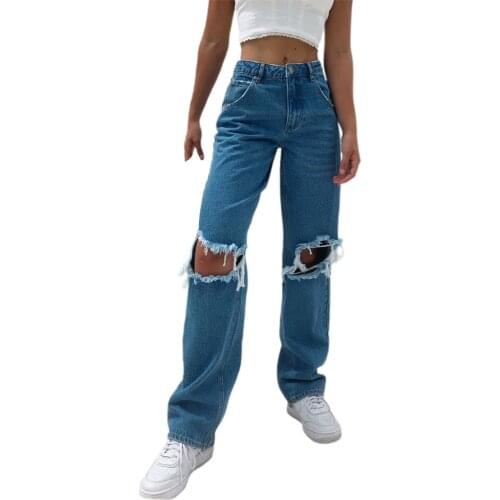 Ripped Denim Jeans Women Long Trousers Straight Pants Broken Destroyed Baggy Aesthetic Female Palazzo Knee Cut Big Hole