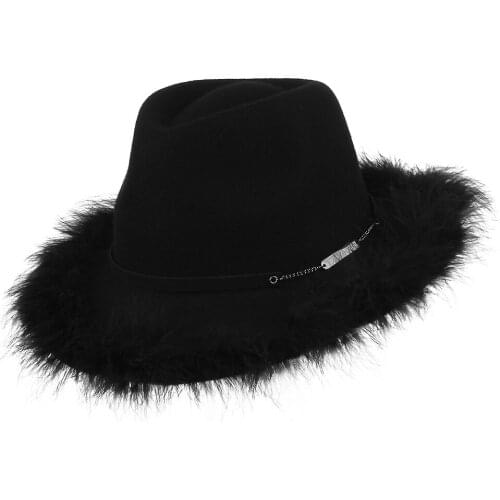 Women Wool Fedoras Hat European American Lady British Vintage Ostrich Fur Cap Female Retro Jazz Elegant Party Church Hats H7197